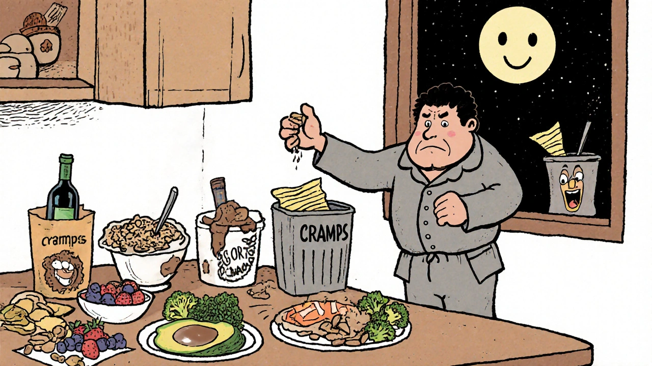 Tavola da pranzo equilibrata con vino e patatine gettati nel cestino.