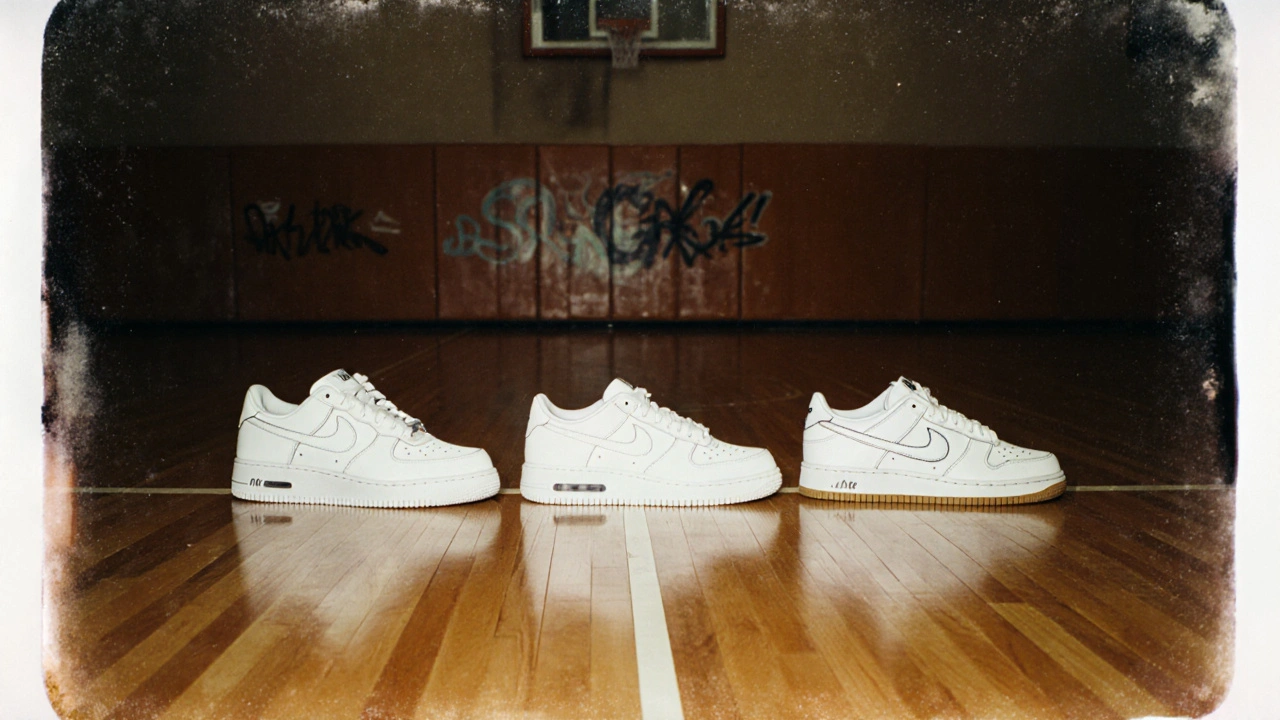 Tre modelli Nike bianchi (Air Force 1, Air Max 90, Dunk Low) su un parquet da basket con effetto vintage.