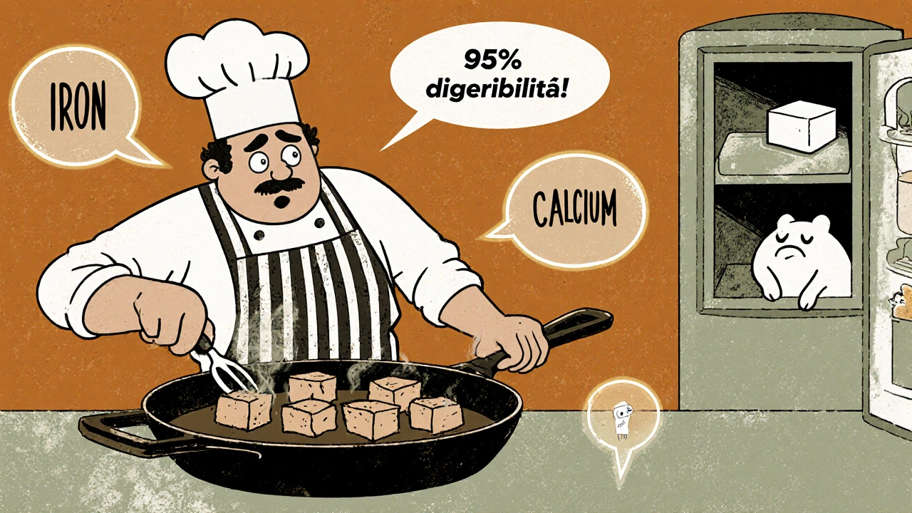 Uno chef che griglia il tempeh mentre icone nutritive fluttuano nell'aria, con un tofu che guarda dal frigorifero.