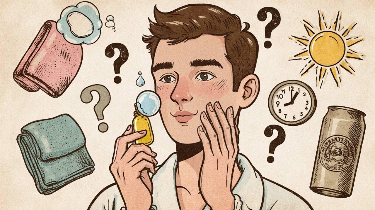 Uomo che applica tre prodotti veloci al mattino, mentre stereotipi maschili scompaiono.