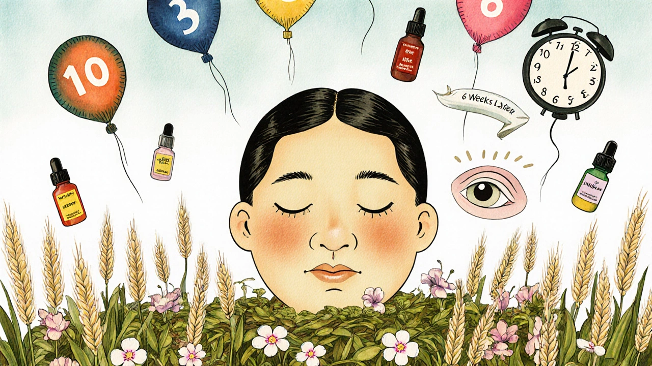 Viso luminoso tra fiori di riso e foglie di tè, bottiglie volanti con i passi della skincare.