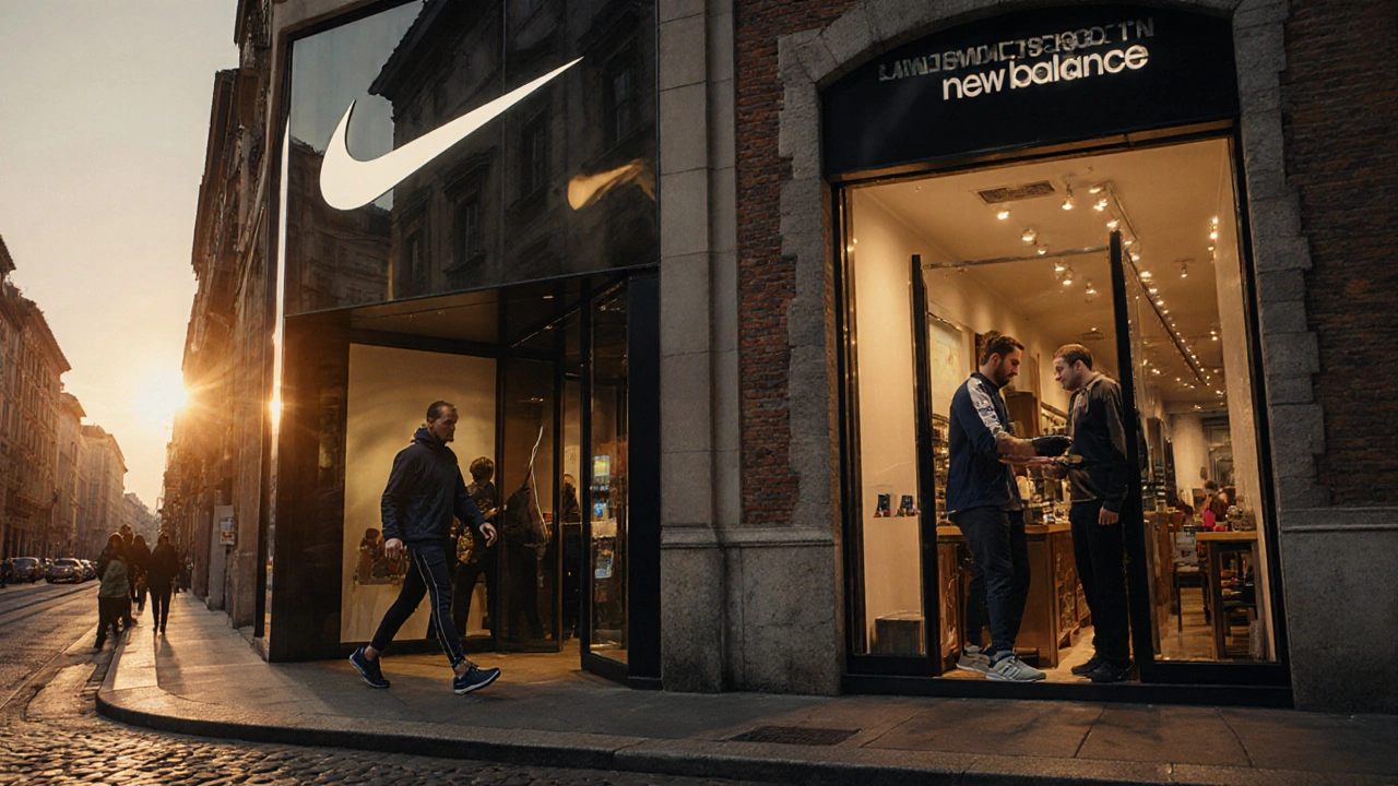 Vista di strada a Milano con negozi Nike e New Balance e clienti che provano le scarpe.