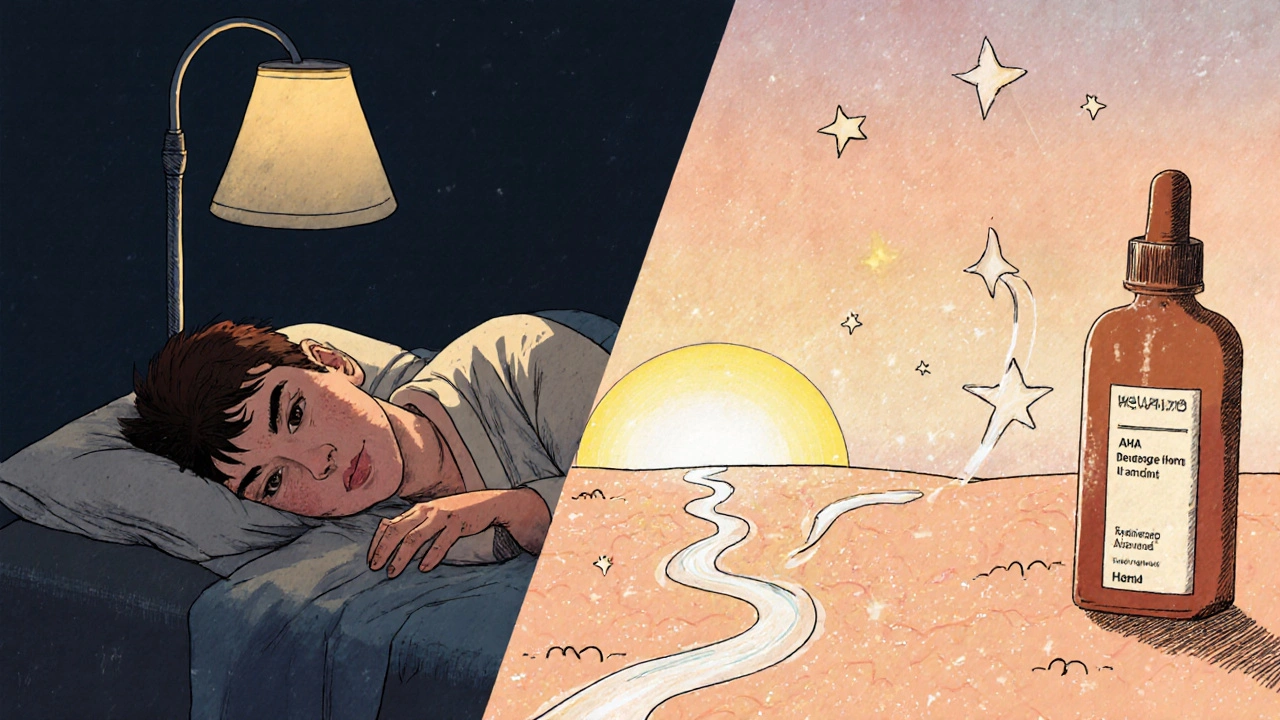 Volto prima e dopo l'uso degli AHA serali, rappresentato in stile cartone vintage.