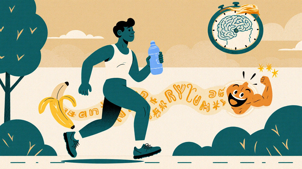 Atleta che corre con una banana e tracce di energia intorno a sé.