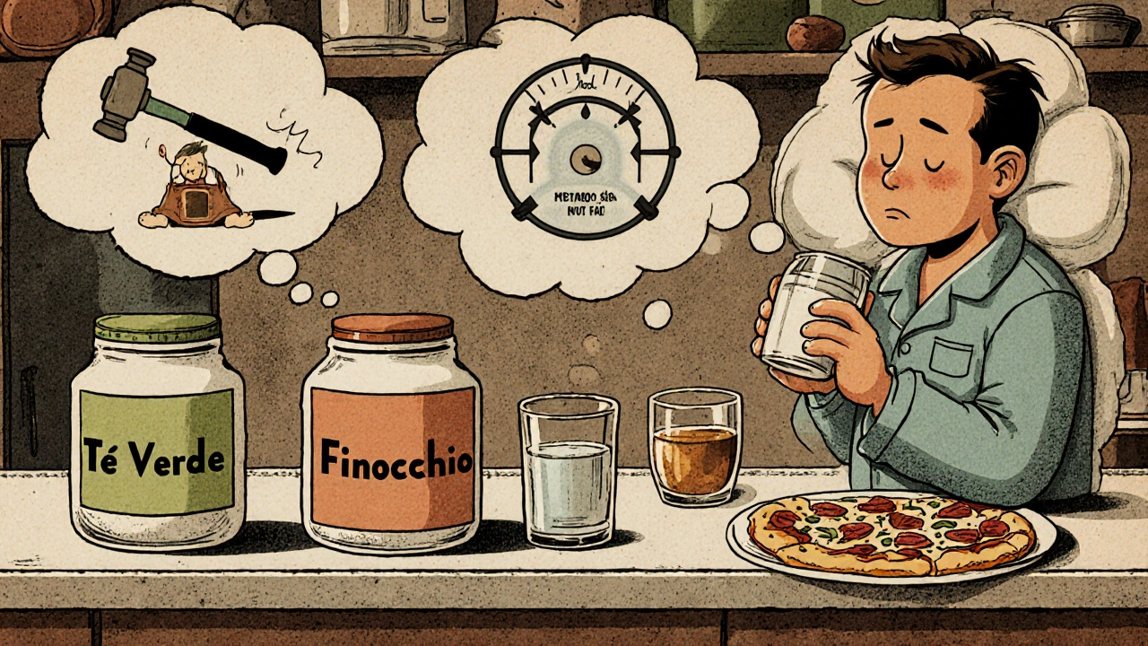 Barattoli di tè su un bancone con pizza e pensieri cartoon che mostrano metabolismo inattivo.