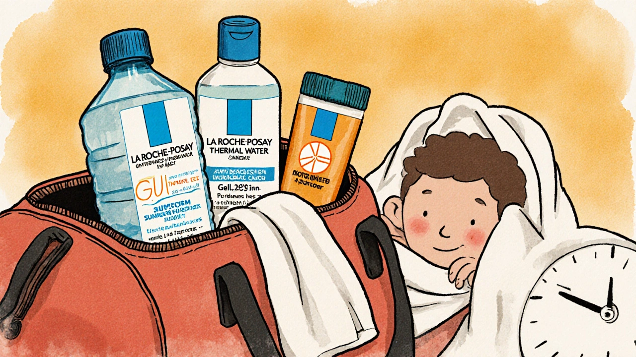 Borsa da palestra preparata la sera prima con tre prodotti essenziali per la pelle, sotto una luce dorata.