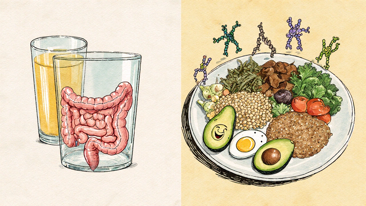Colazione contrastante: succo triste vs pasto completo con batteri felici, stile cartoon anni &#039;60.
