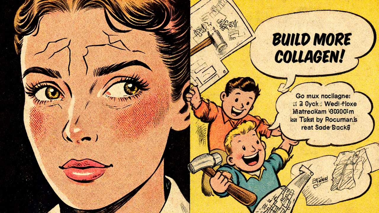 Confronto cartoon tra pelle vecchia e nuova con peptide operai che ricostruiscono il collagene.