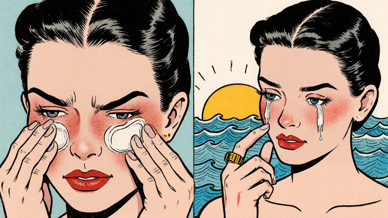 Confronto in due pannelli: una donna che strofina la crema e si irrita, l&#039;altra che la picchietta e ritrova luminosità.