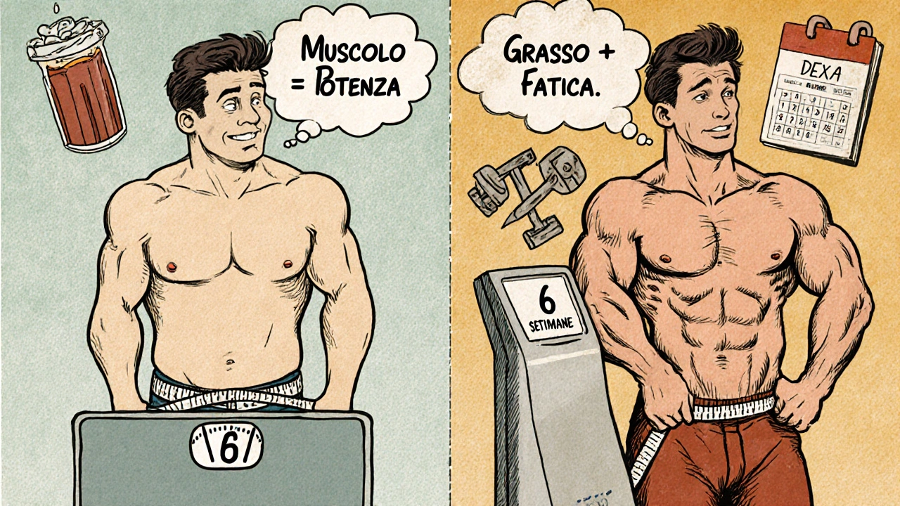 Confronto tra corpo flaccido e corpo tonico con misure della vita che scendono in stile cartoon vintage.