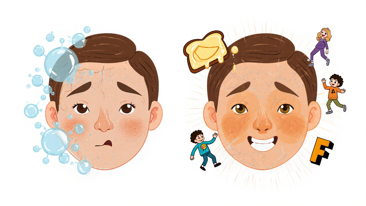 Confronto tra pelle secca e idratata, con vitamine A, E, F che danzano intorno al viso.