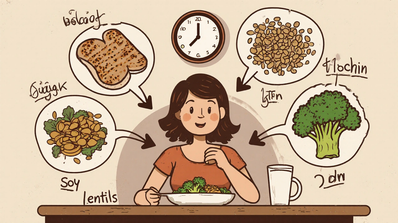 Distribuzione giornaliera delle proteine in quattro pasti con cibi rappresentati come icone.