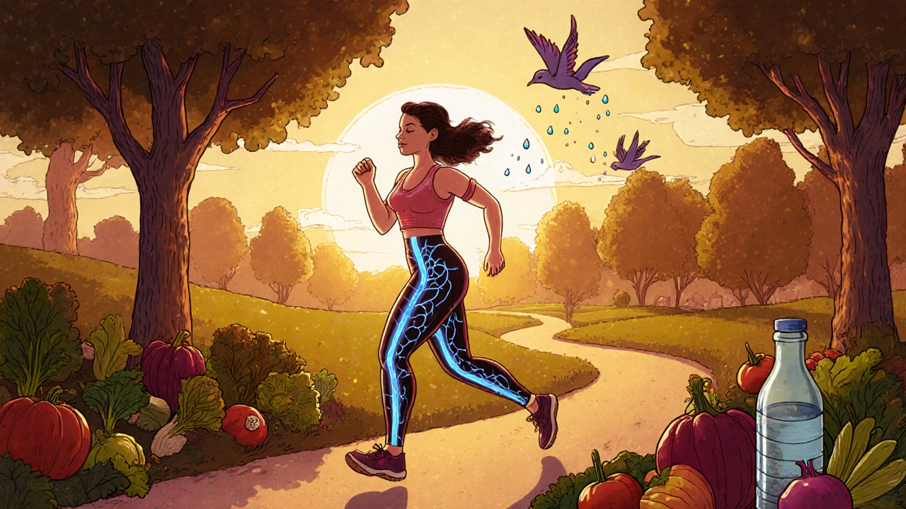 Donna che cammina in un parco al tramonto, con vasi linfatici luminosi che drenano i liquidi dalle gambe.