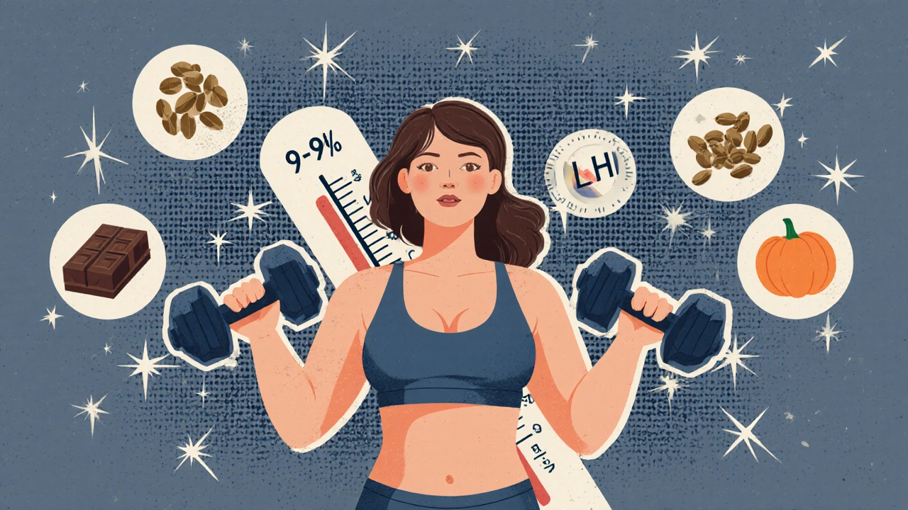 Donna che fa allenamento intenso durante l&#039;ovulazione, con semi e cioccolato fondente fluttuanti.