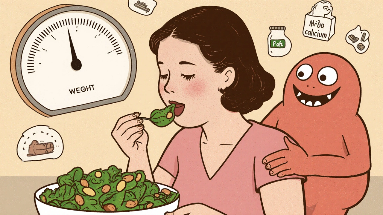 Donna che mangia verdure a foglia verde nella fase luteale, con simboli di magnesio e ritenzione idrica.