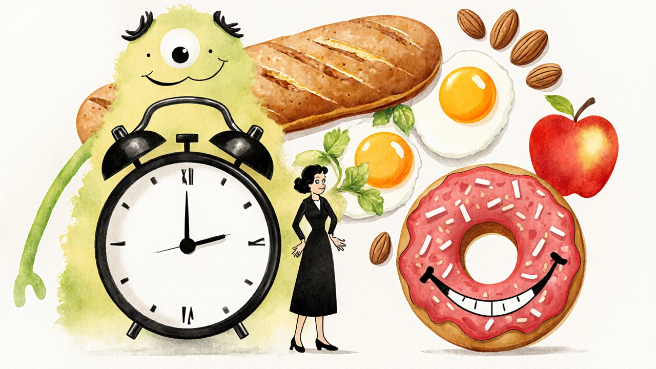 Donna che salta la colazione, rappresentata come una figura stanca circondata da cibi zuccherati.