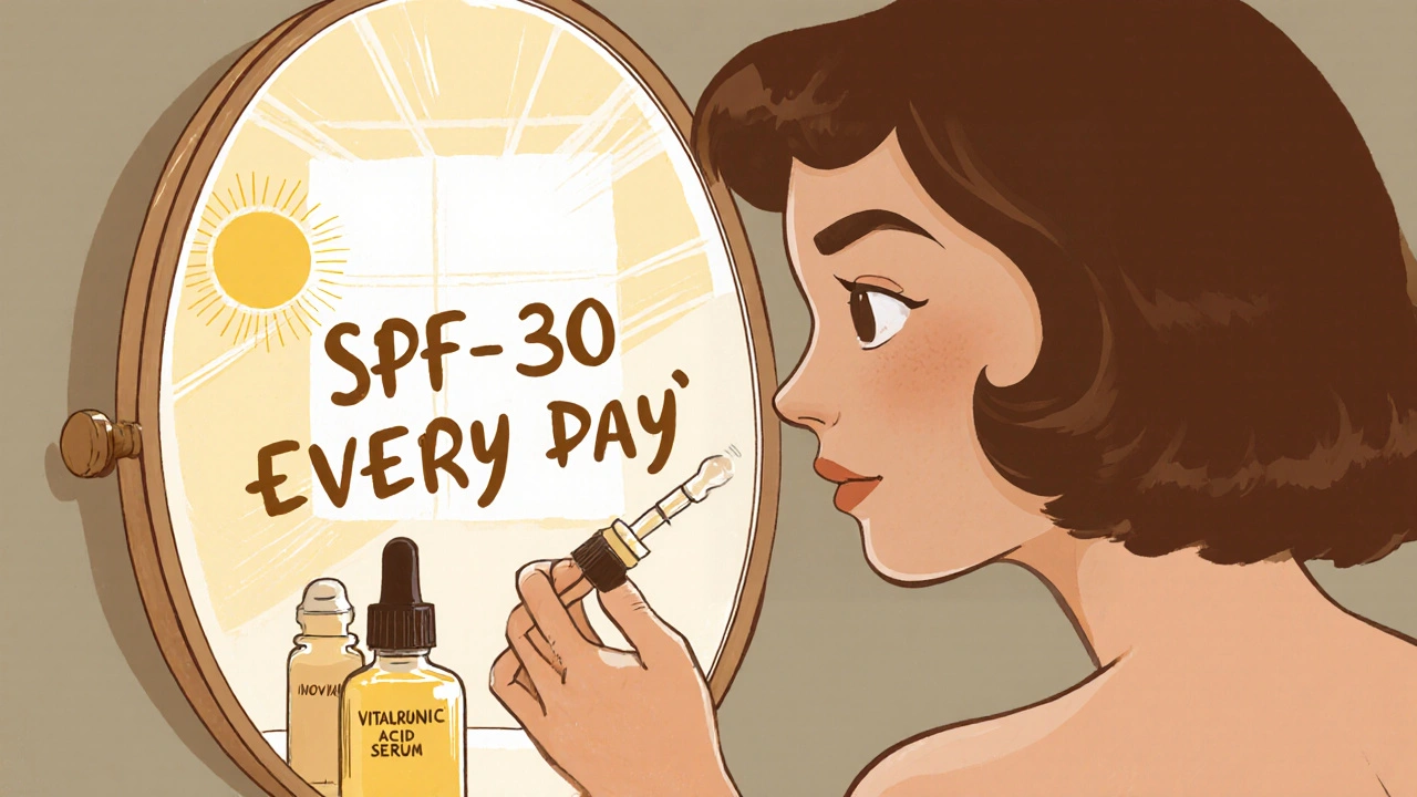 Donna giovane che applica un siero vitaminico davanti a uno specchio con il sole che entra dalla finestra.