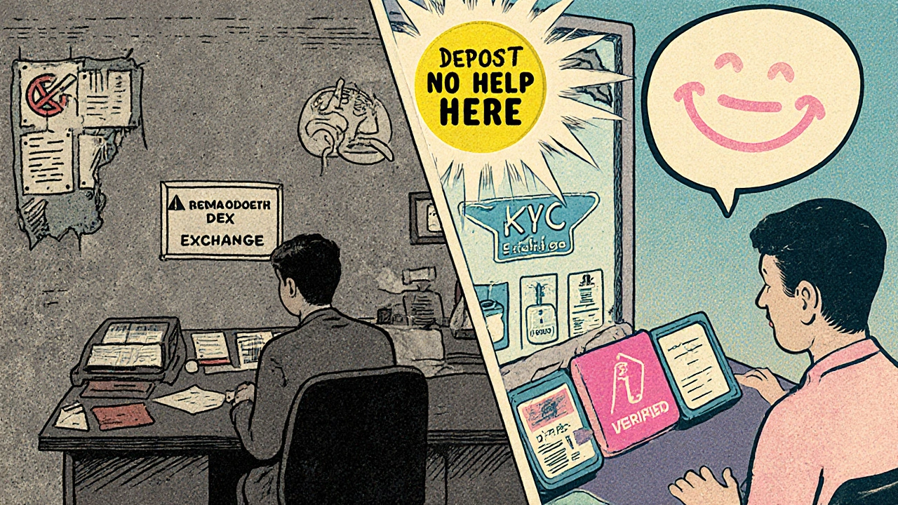 Due scene a confronto: da un lato un utente isolato con DEX, dall&#039;altro un utente assistito con KYC verificato.