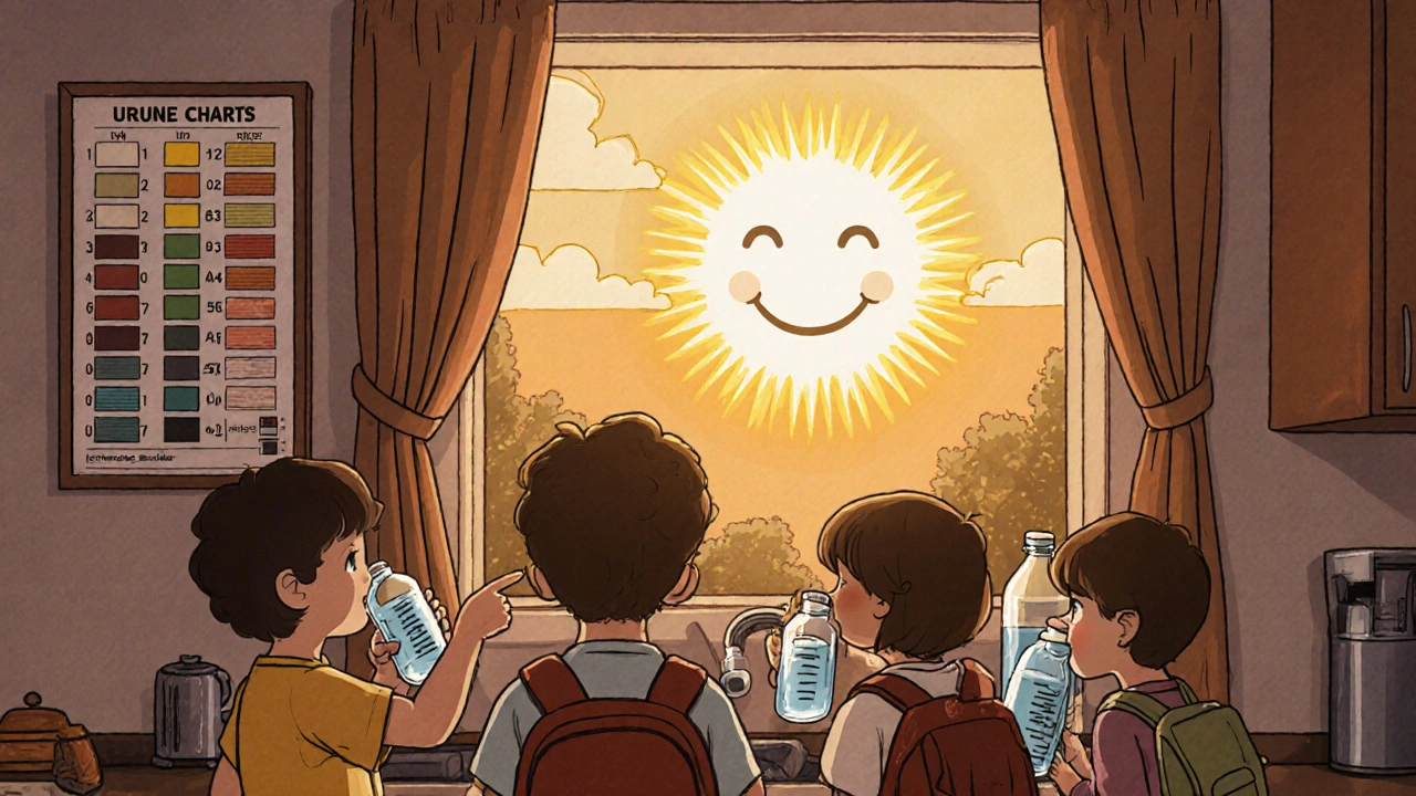 Famiglia che beve acqua al mattino con borracce misurate e un grafico dei colori dell&#039;urina sul muro.