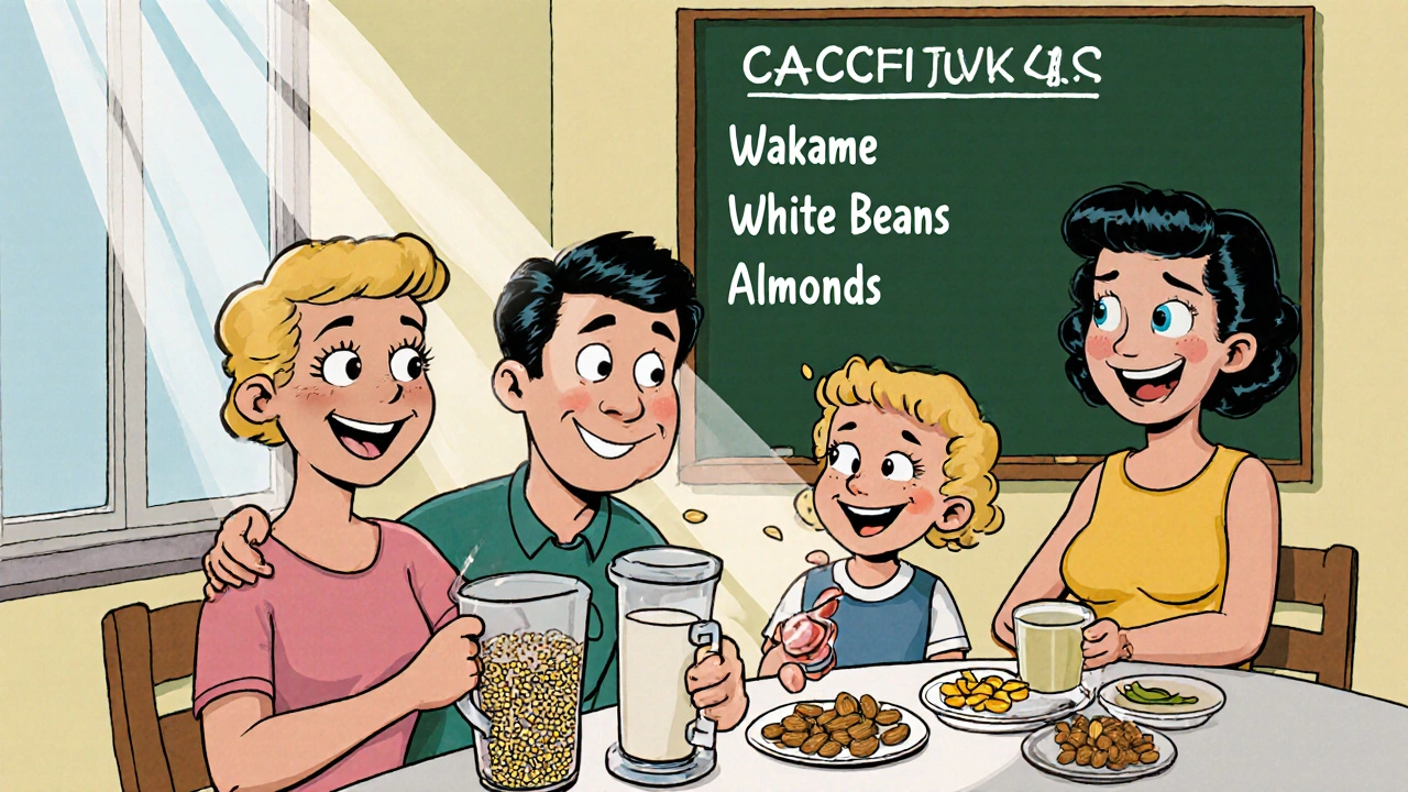 Famiglia italiana che prepara un frullato con latte di soia fortificato e semi di sesamo.