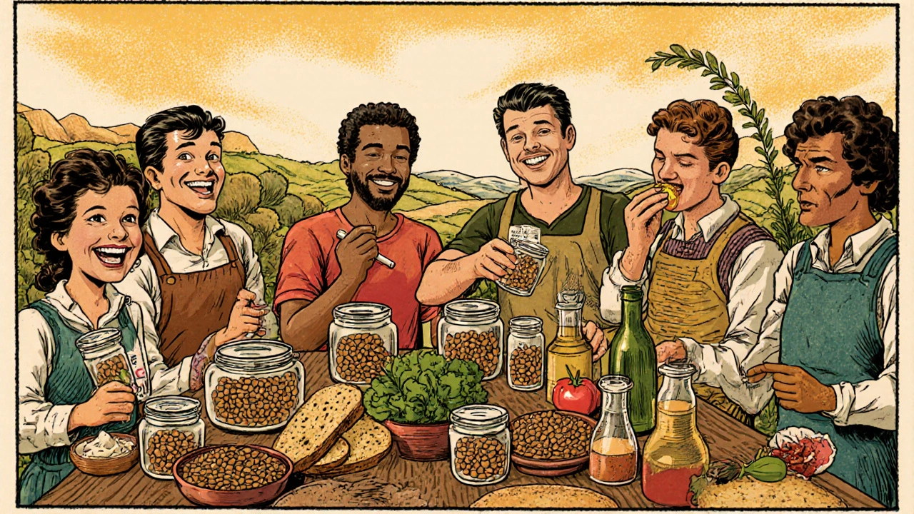 Gruppo di persone che preparano pasti settimanali con legumi, verdure e olio d&#039;oliva in una cucina soleggiata.