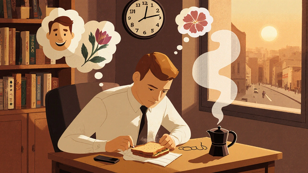 Lavoratore che mangia un panino con attenzione, telefono girato, in un ambiente domestico caldo e tranquillo.