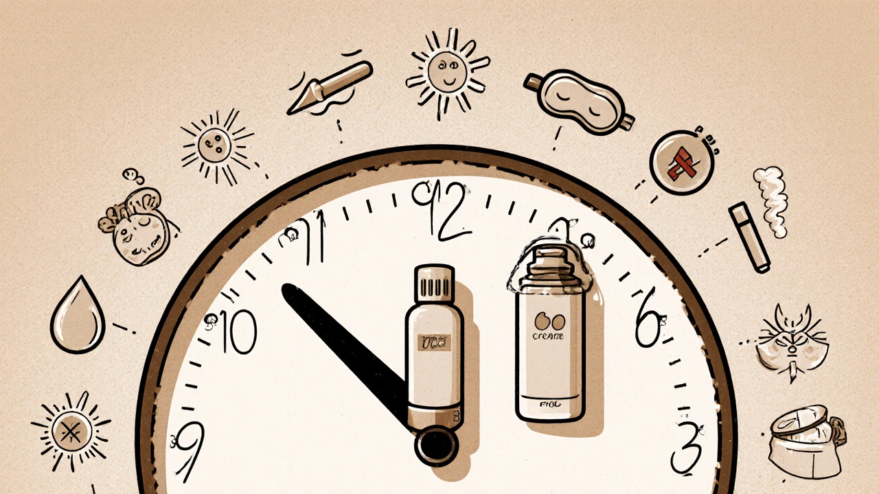 Orologio con ciglia come lancette che mostra l&#039;evoluzione della crema per occhi con l&#039;età, accompagnato da simboli di sonno, acqua e sole.