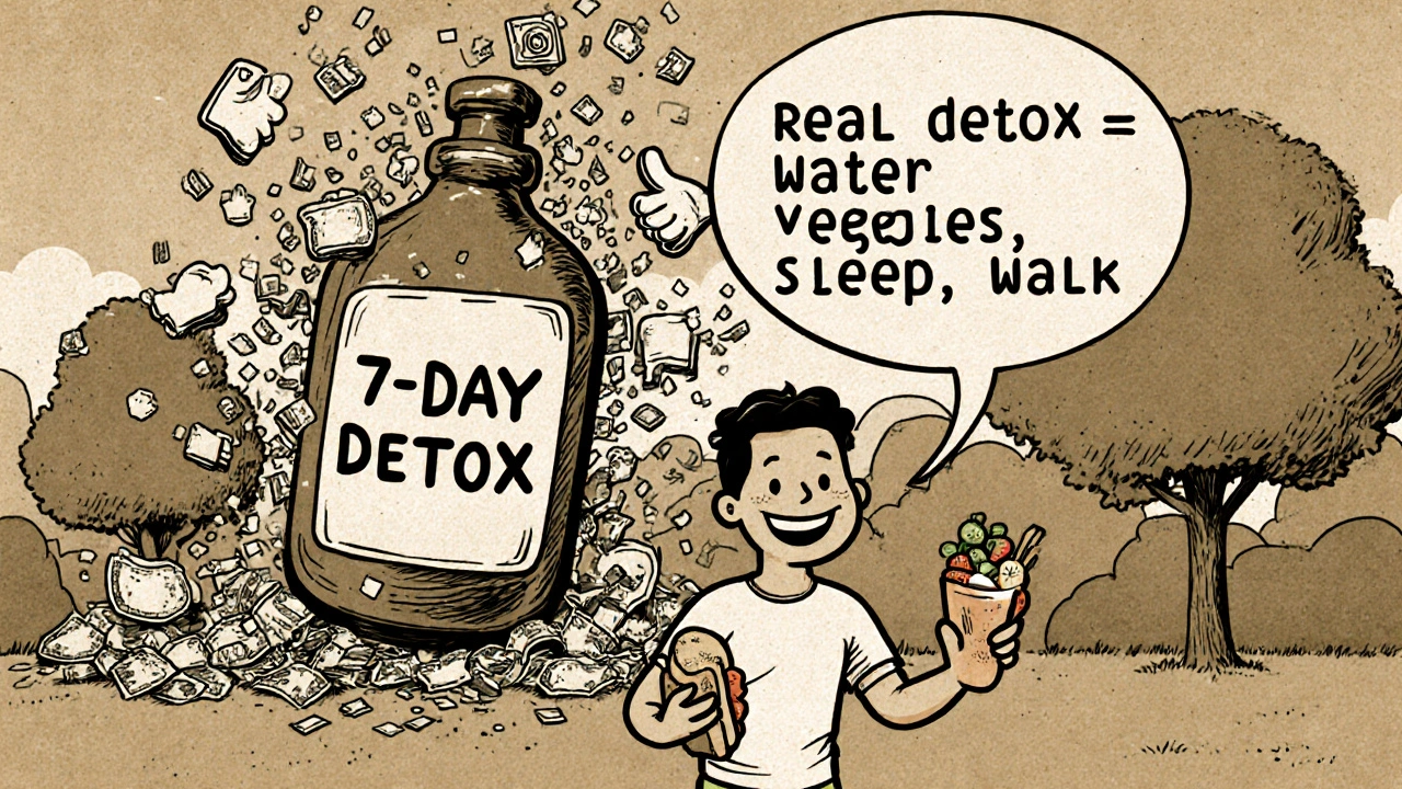 Persona che cammina con frullato e panino, bottiglia detox che esplode in confetti, stile cartoon vintage.