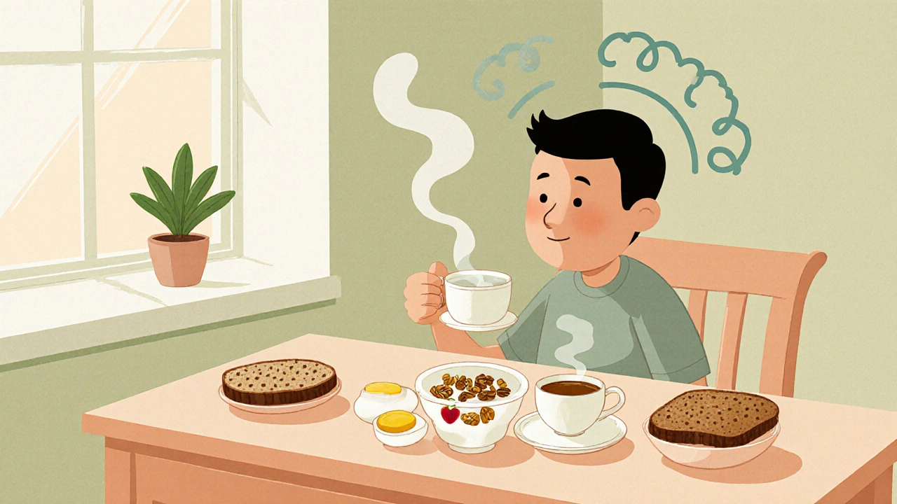 Persona che fa colazione tranquillamente a tavola senza schermi.