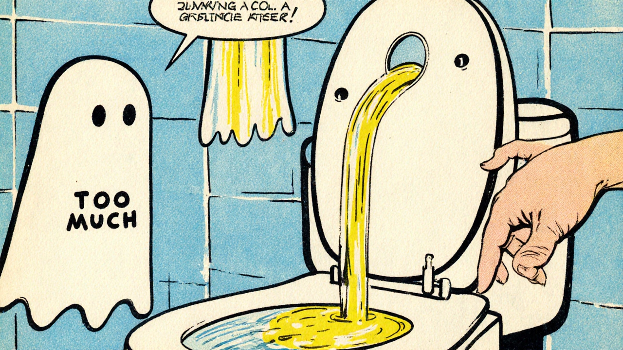 Persona che guarda l&#039;urina gialla chiara, con immagini fantasiose delle alternative sbagliate.