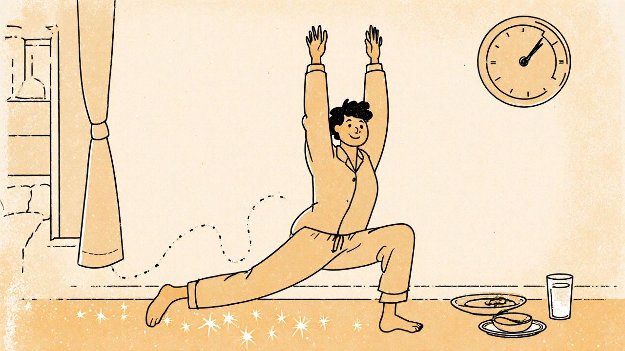 Persona che si allunga in modo leggero e gioioso al mattino.