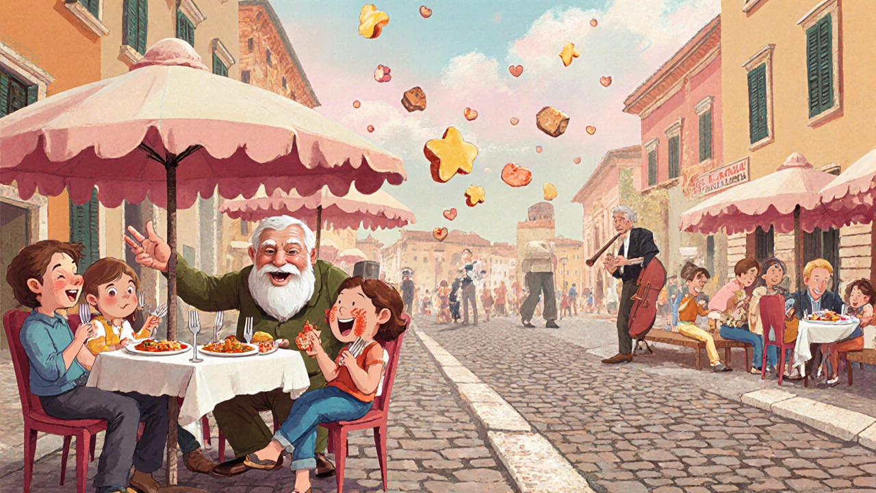 Piazza romana con famiglie che mangiano lentamente al sole, senza cellulari, in un&#039;atmosfera serena e vivace.