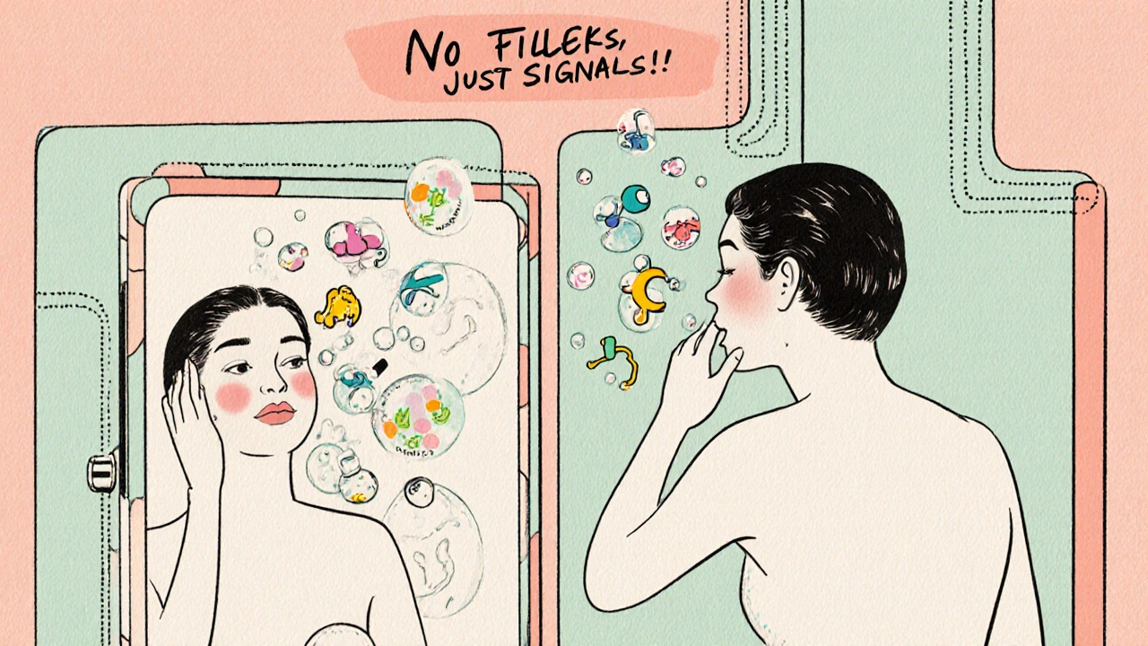 Routine di cura della pelle con peptide, vitamina C e acido ialuronico come spiriti amichevoli.