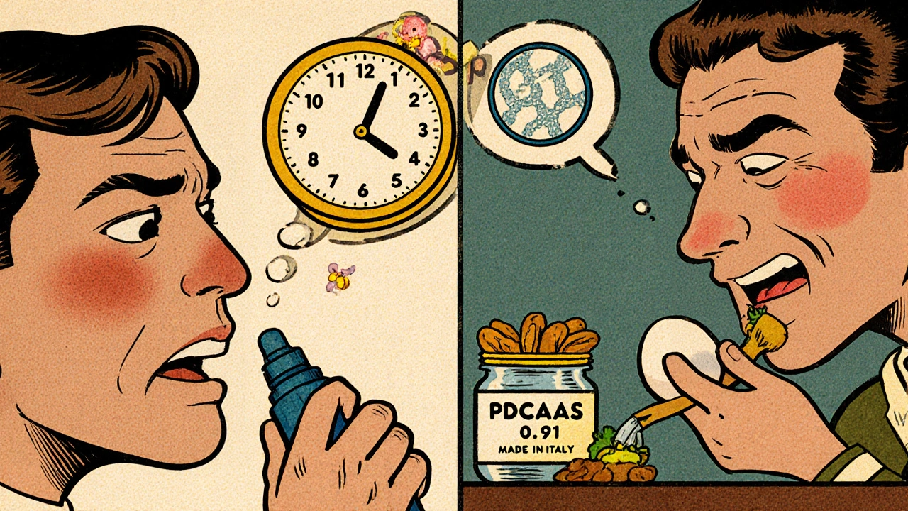 Scena a due facce: guarigione con propoli a sinistra, nutrizione con uova e noci a destra, con microplastiche visibili nella propoli.