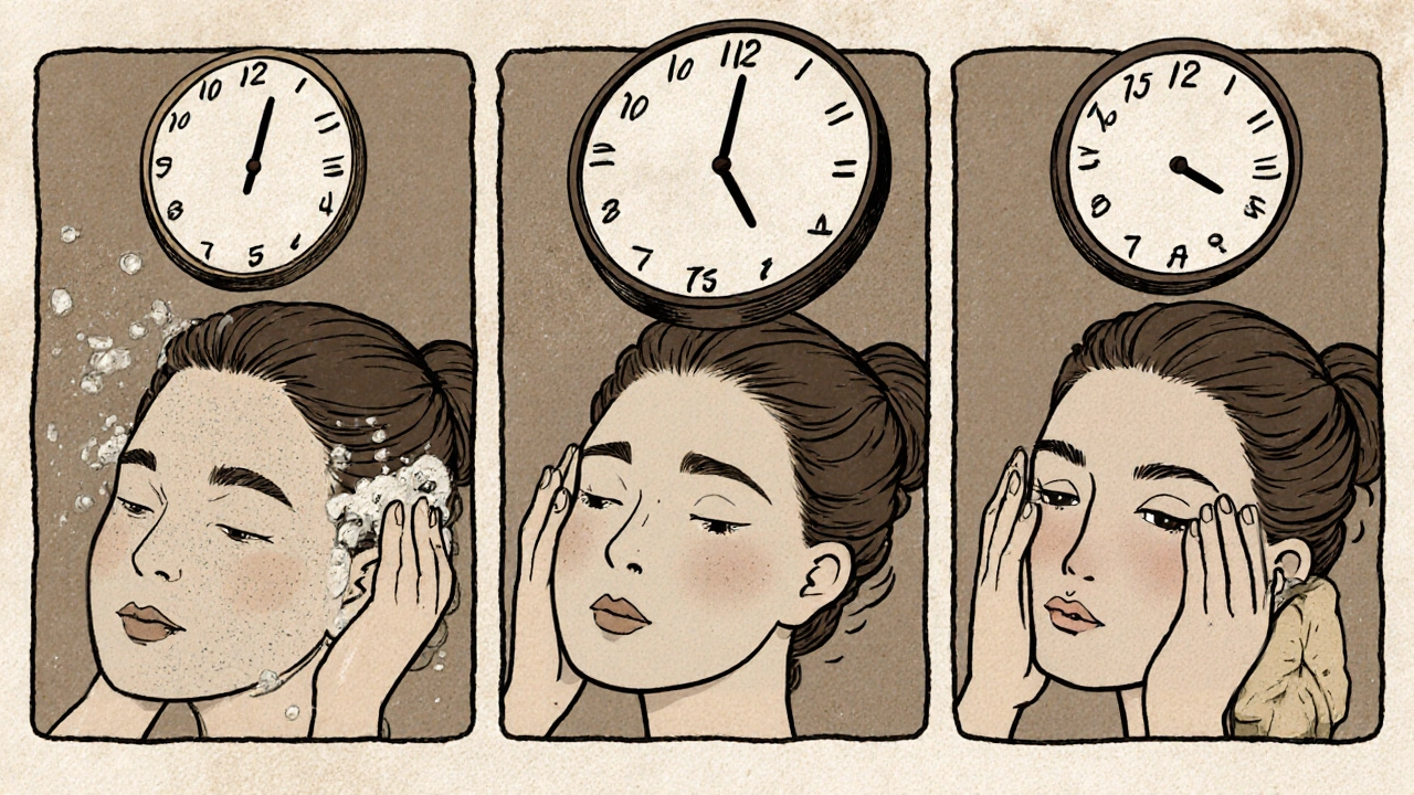 Sequenza a fumetti di una routine skincare mattutina: detersione, attesa, protezione solare.