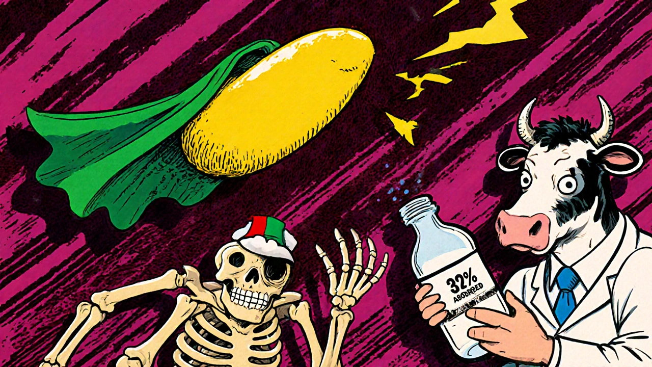 Sesamo supereroe che sparge calcio su uno scheletro, mentre una mucca con un biberon rotto guarda stupita.