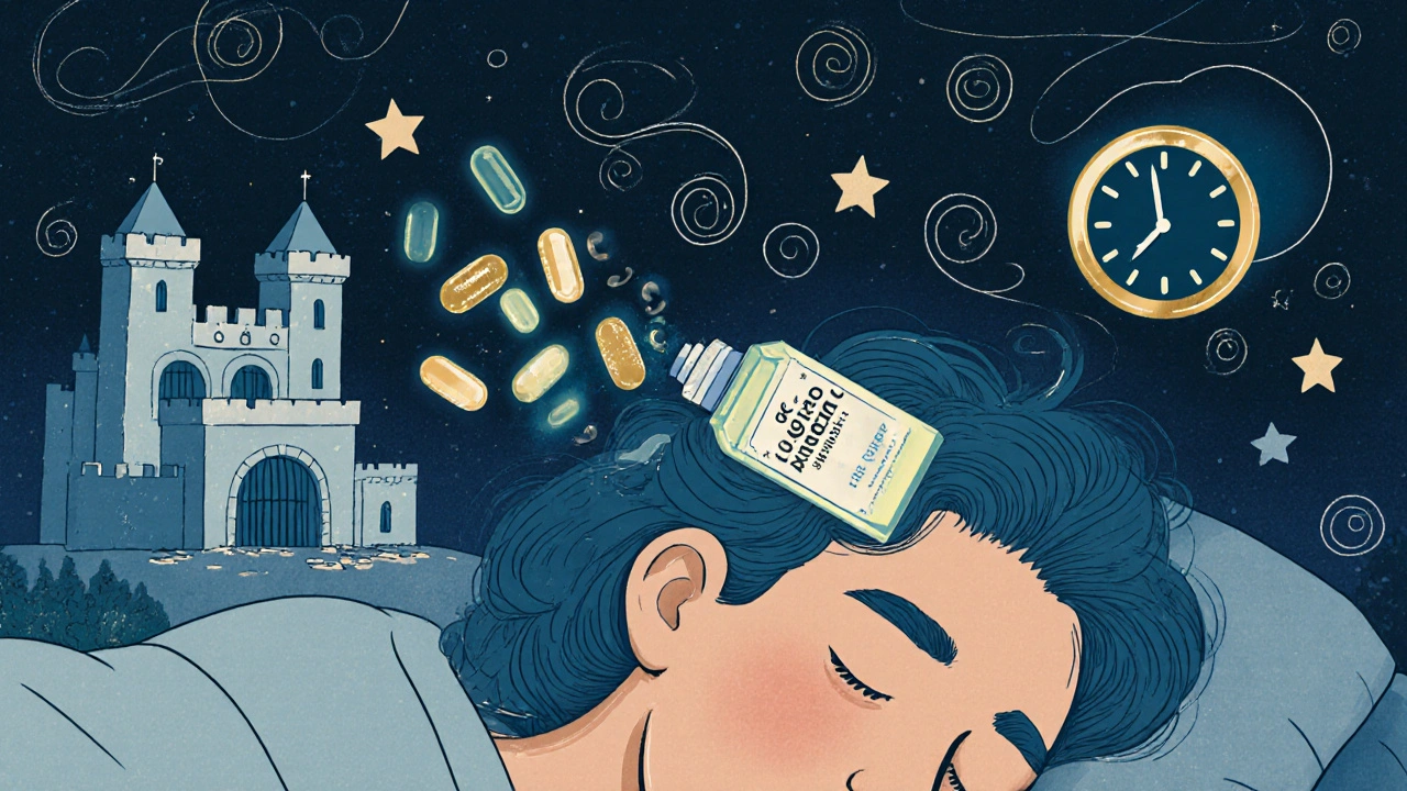 Siero notturno che ripara i capelli durante il sonno con microcapsule che rilasciano nutrienti, stile cartoon vintage.