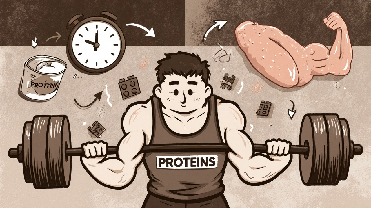 Sollevatore di pesi con proteine che riparano i muscoli, stile cartoon vintage.