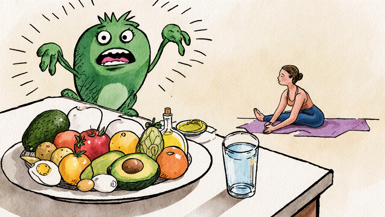 Tavola da cucina con cibi sani e donna in yoga, mentre un mostro della cellulite si riduce in lontananza.