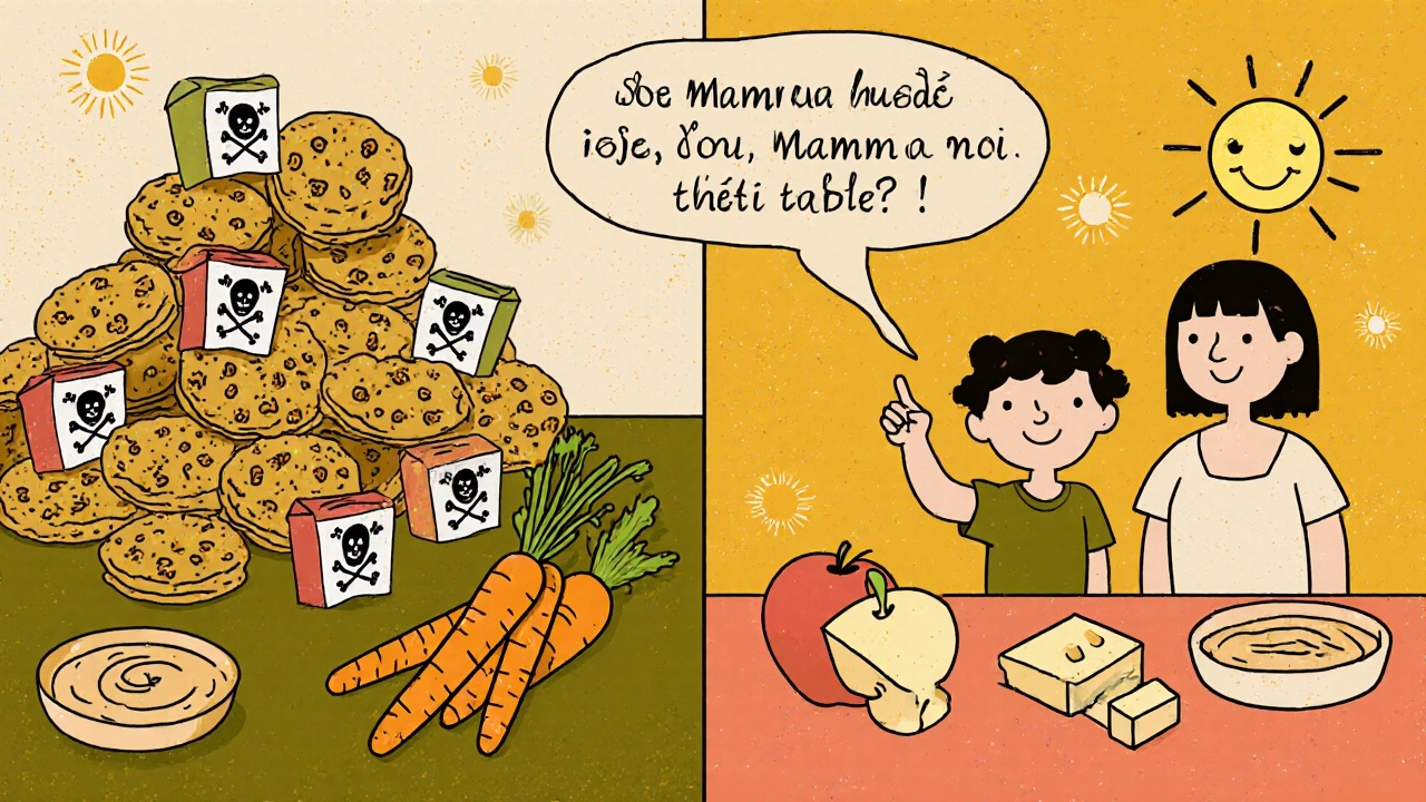 Tavola da merenda per bambini con cibi zuccherati vs. opzioni sane, in stile cartoon retro.