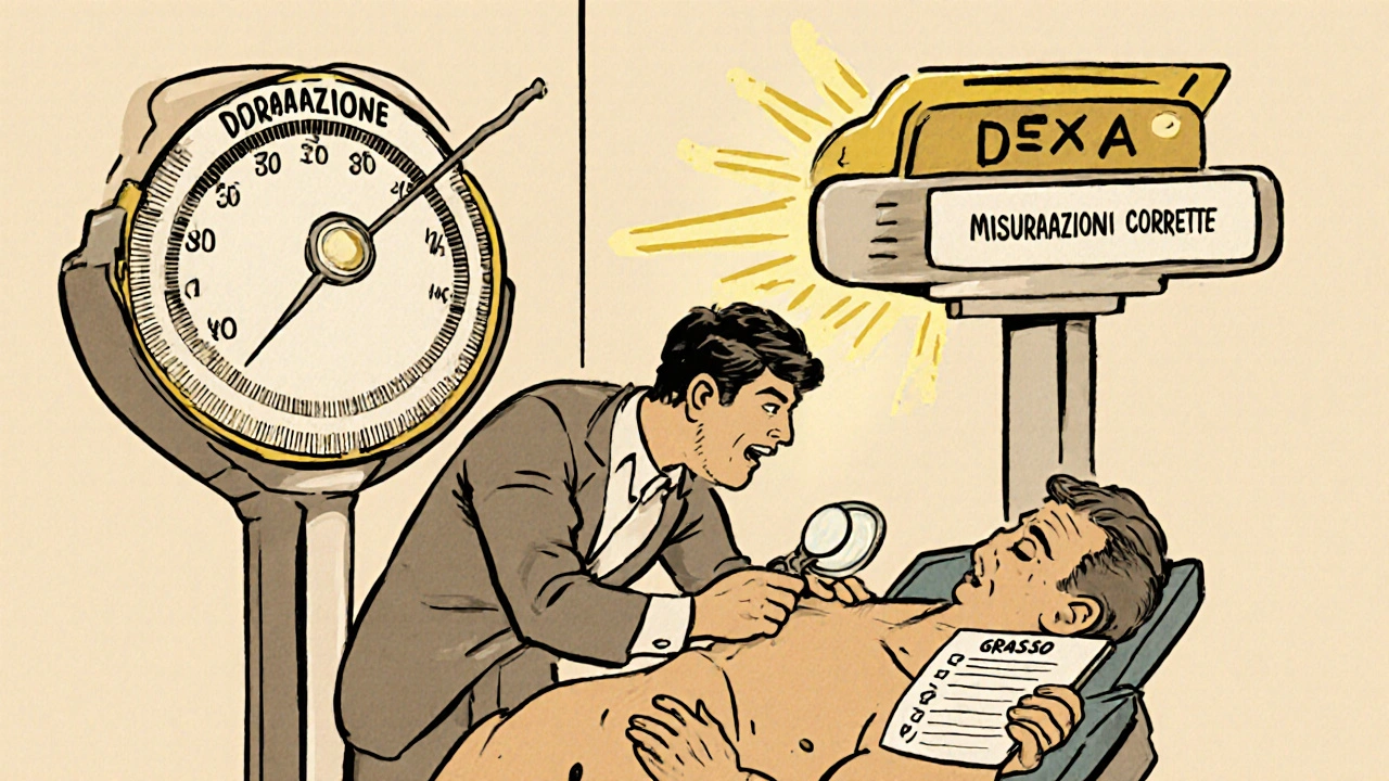 Trainer che misura la plica cutanea mentre una bilancia elettrica mostra valori instabili in stile cartoon vintage.