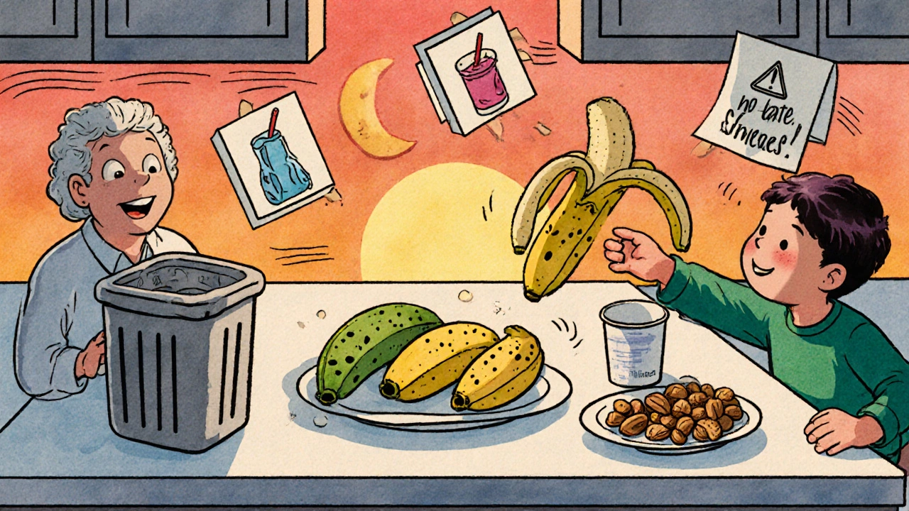 Tre banane mature a diversi stadi su un tavolo con yogurt e noci, stile cartoon vintage.