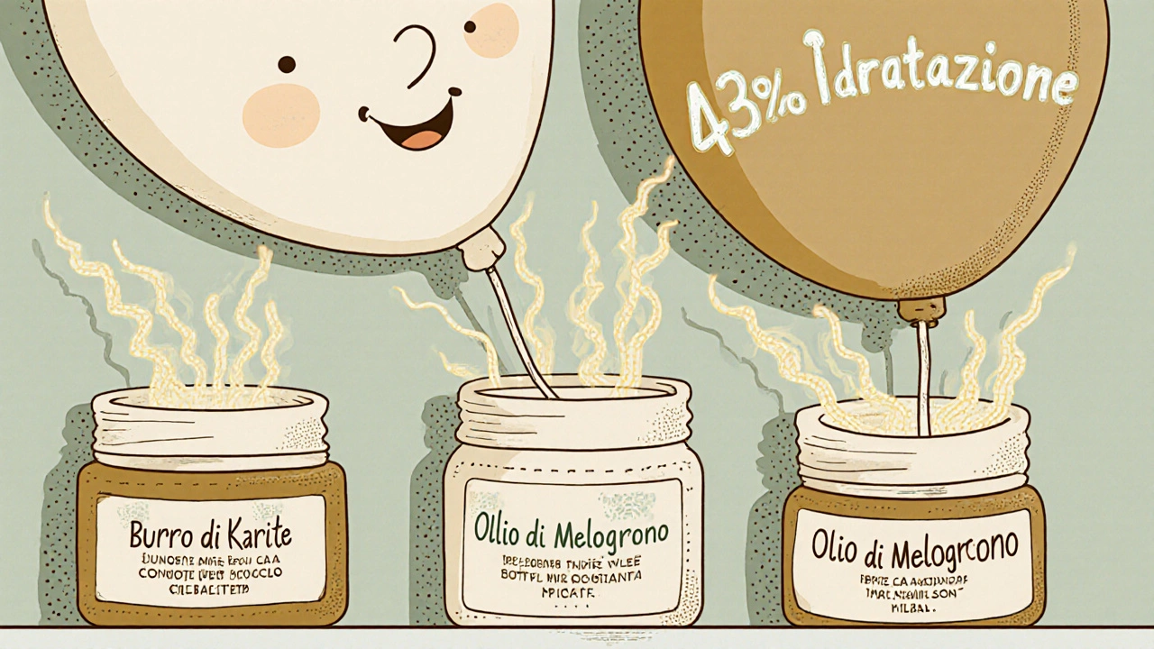 Tre ingredienti naturali che ristrutturano i capelli secchi, rappresentati come eroi lipidici in stile cartoon vintage.