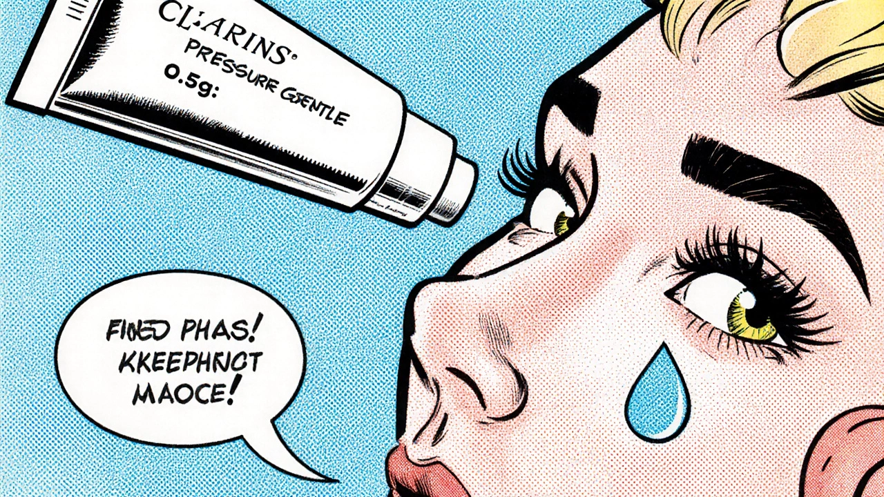 Tubo di crema futuristico con indicatori digitali che guida una mano a eseguire il massaggio corretto sotto l&#039;occhio.