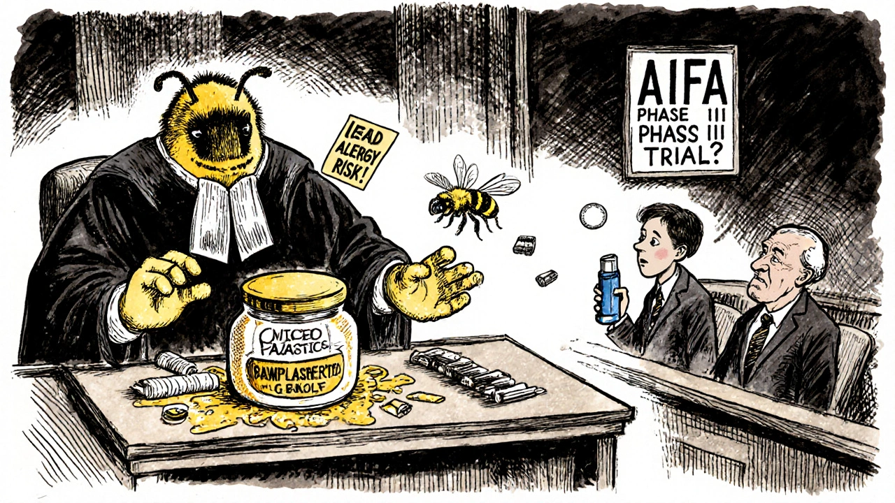 Un processo cartoon in cui un&#039;ape giudice processa un prodotto di propoli contaminato, con microplastiche e rischi allergici come prove.