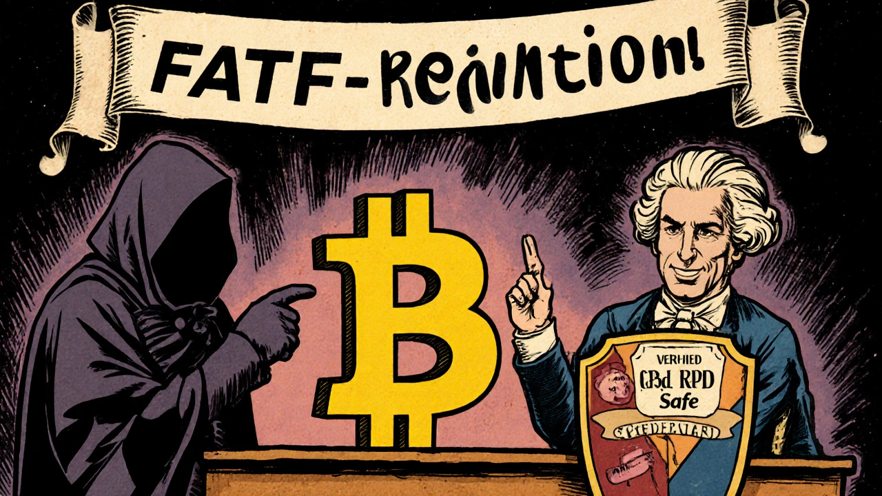 Un tribunale cartoon dove Bitcoin è processato per anonimato, con un giudice che cita la FATF e un criminale ombra.