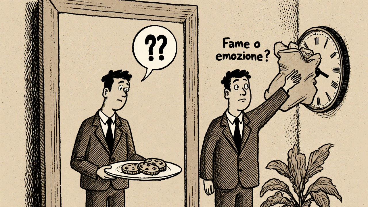 Un uomo guarda se stesso allo specchio: una versione stressata cerca cibo, l&#039;altra respira calma.