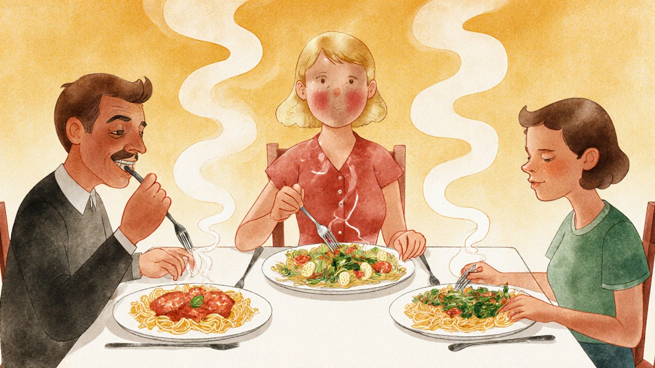 Una famiglia italiana mangia lentamente a tavola, senza dispositivi, in un&#039;atmosfera serena.