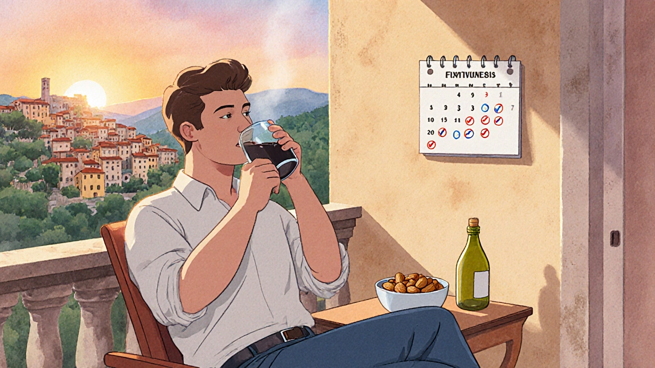 Uomo che beve acqua e caffè nero al tramonto su un balcone, calendario con segni di digiuno.