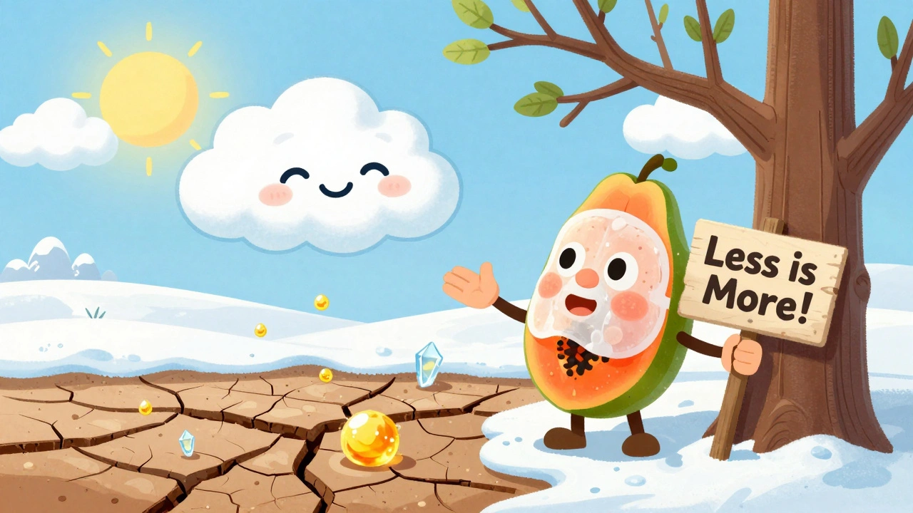 Albero inverno che offre una maschera di papaya a una nuvola a forma di viso, crepe nella terra che si rimarginano con cristalli dorati.